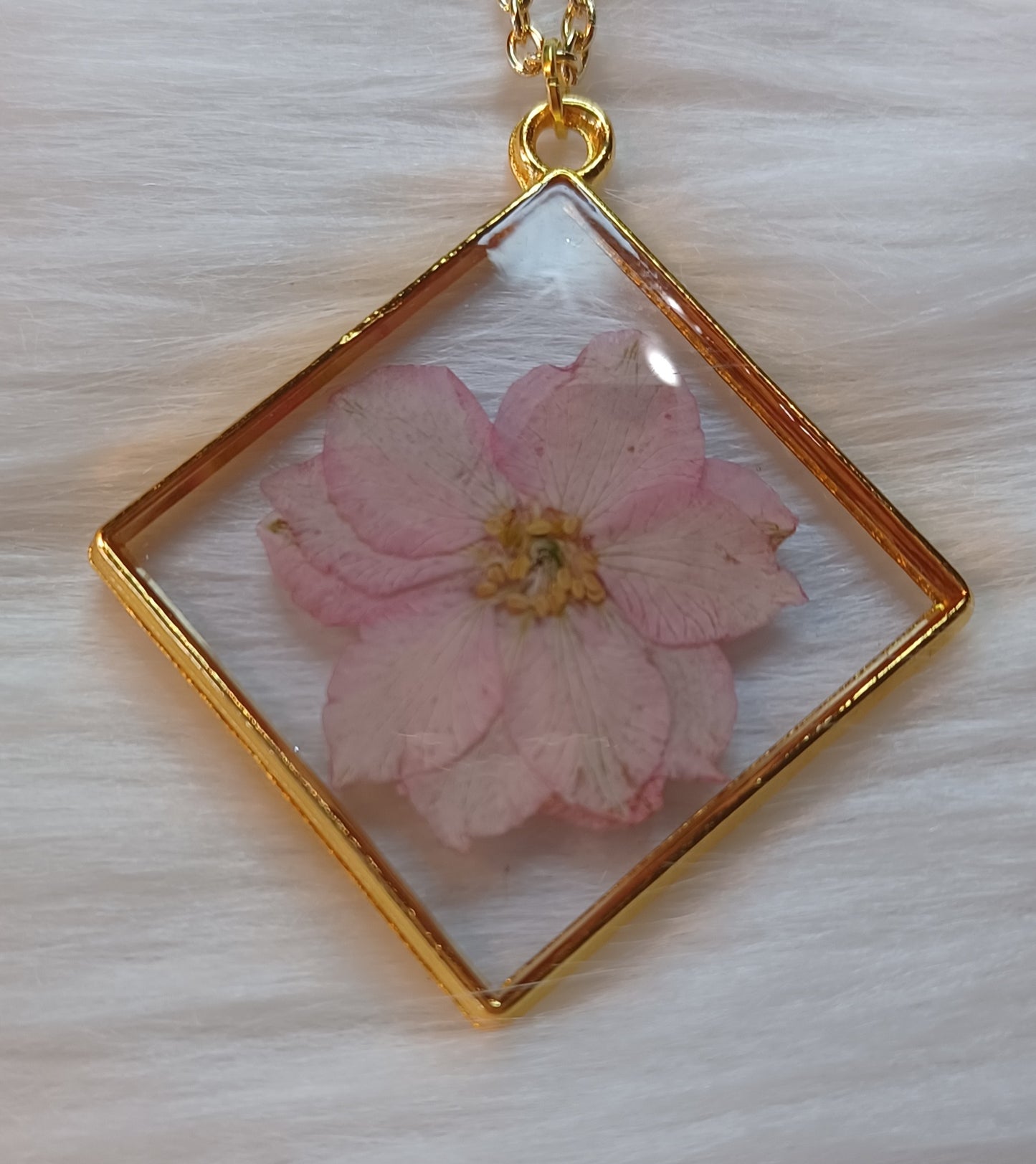 Gold Necklace, Dried Pink Flower in Resin