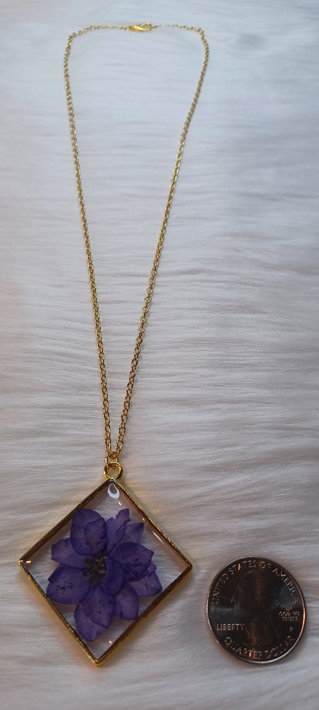 Gold Necklace, Dried Purple Flower in Resin
