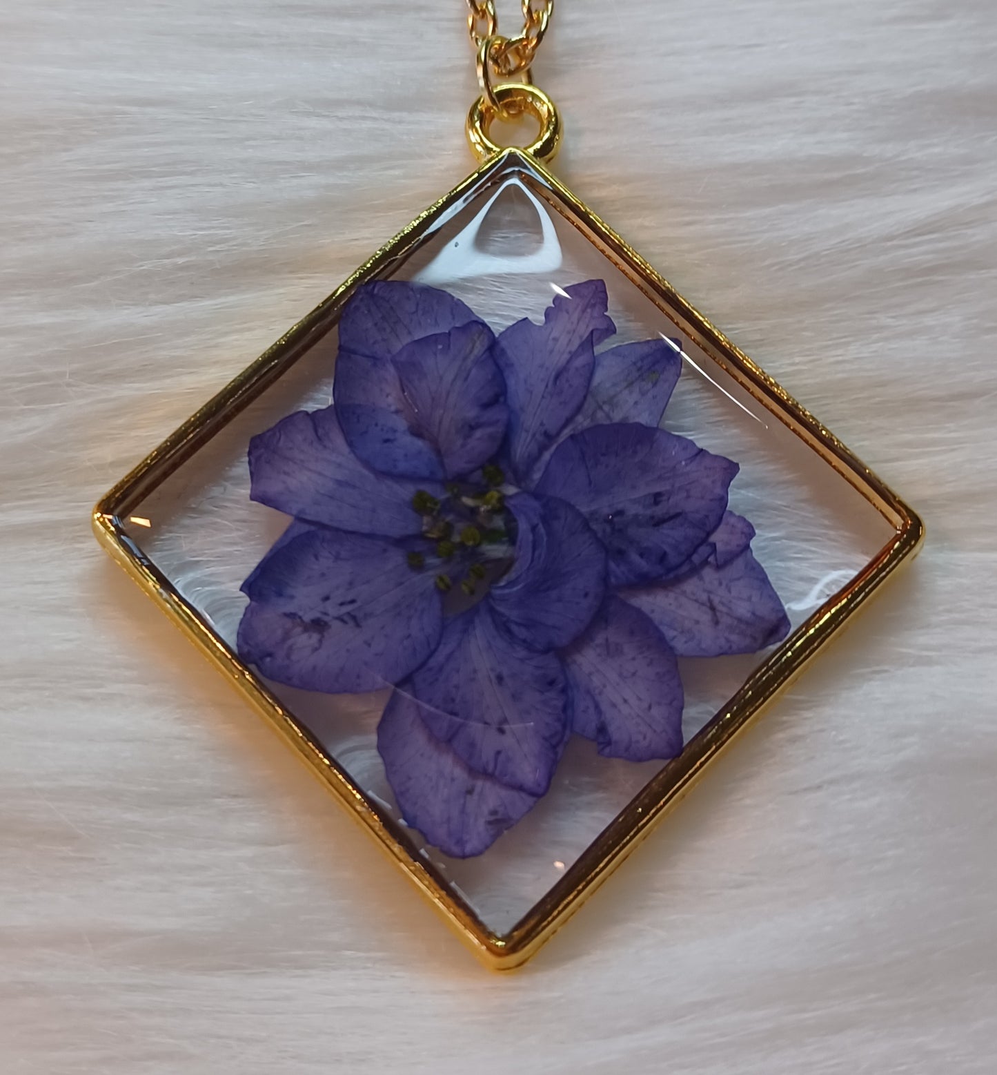 Gold Necklace, Dried Purple Flower in Resin