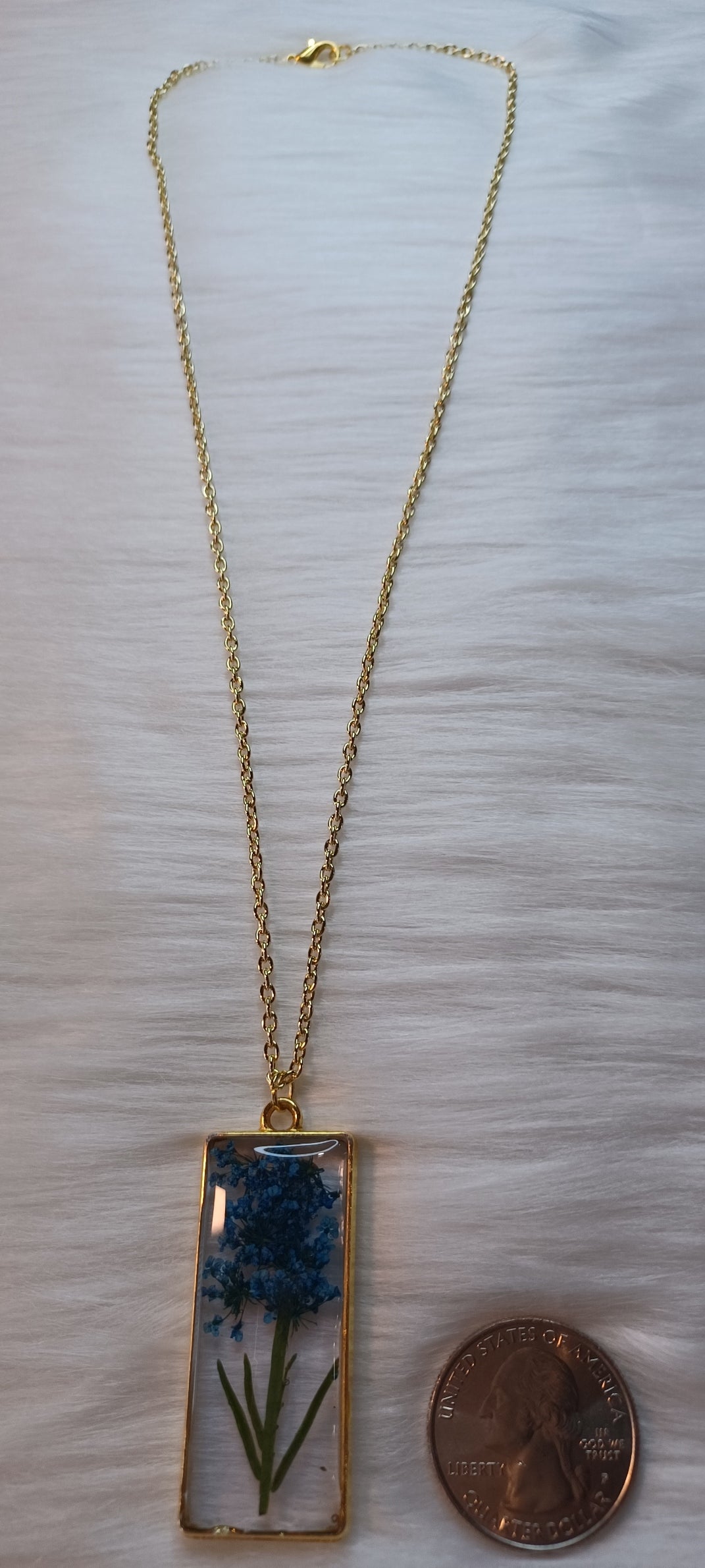 Gold Necklace, Dried Blue Flowers in Resin