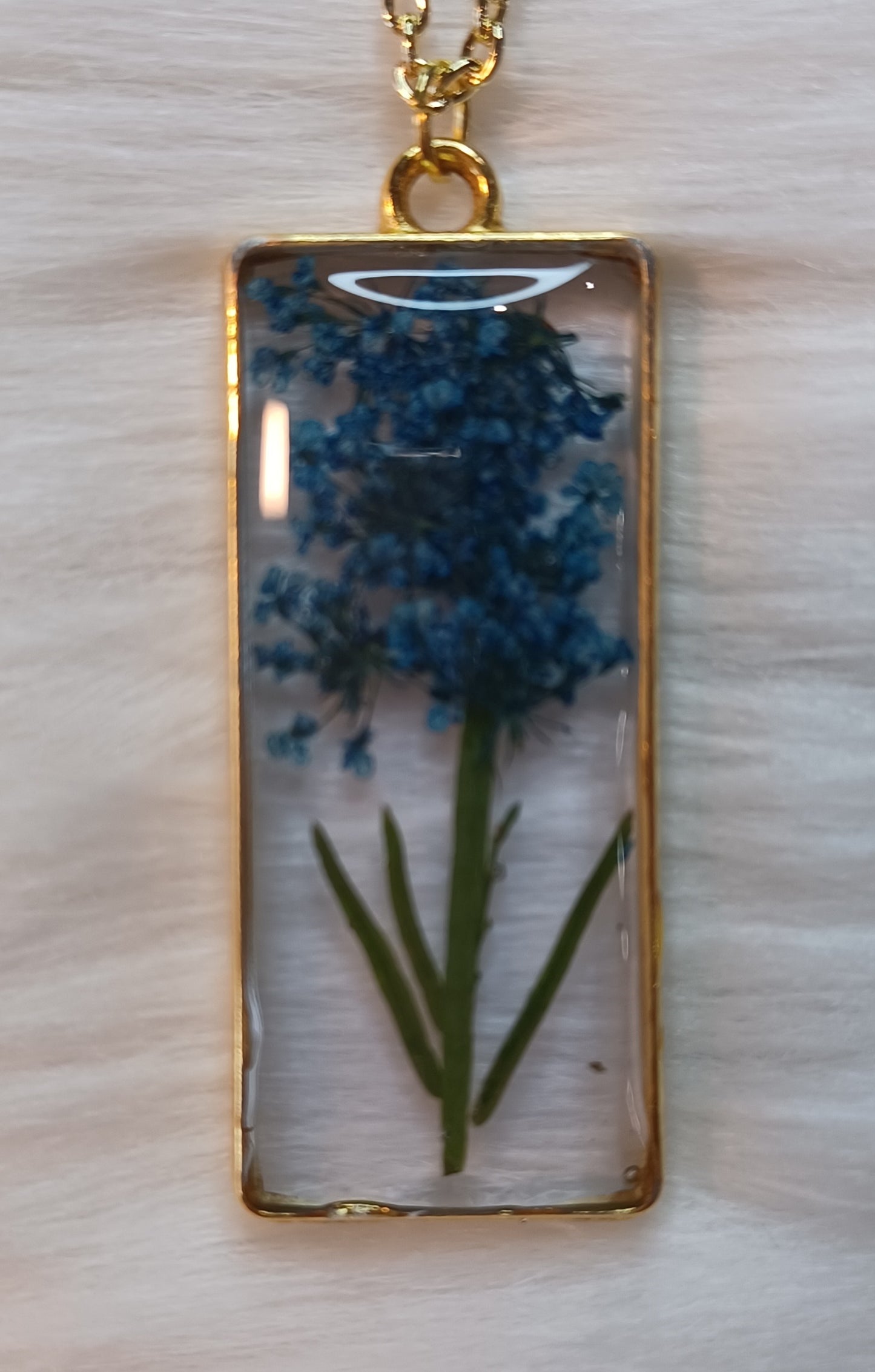 Gold Necklace, Dried Blue Flowers in Resin