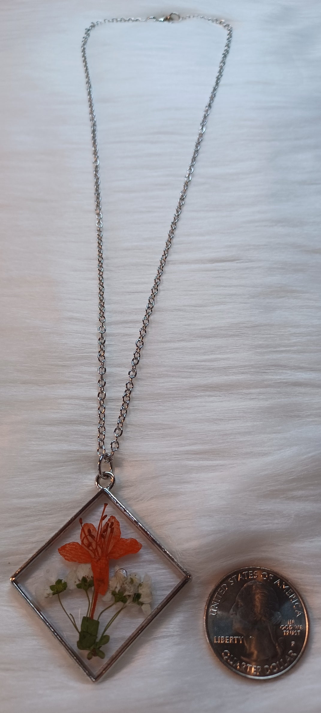 Silver Necklace, Dried Orange and White Flowers in Resin