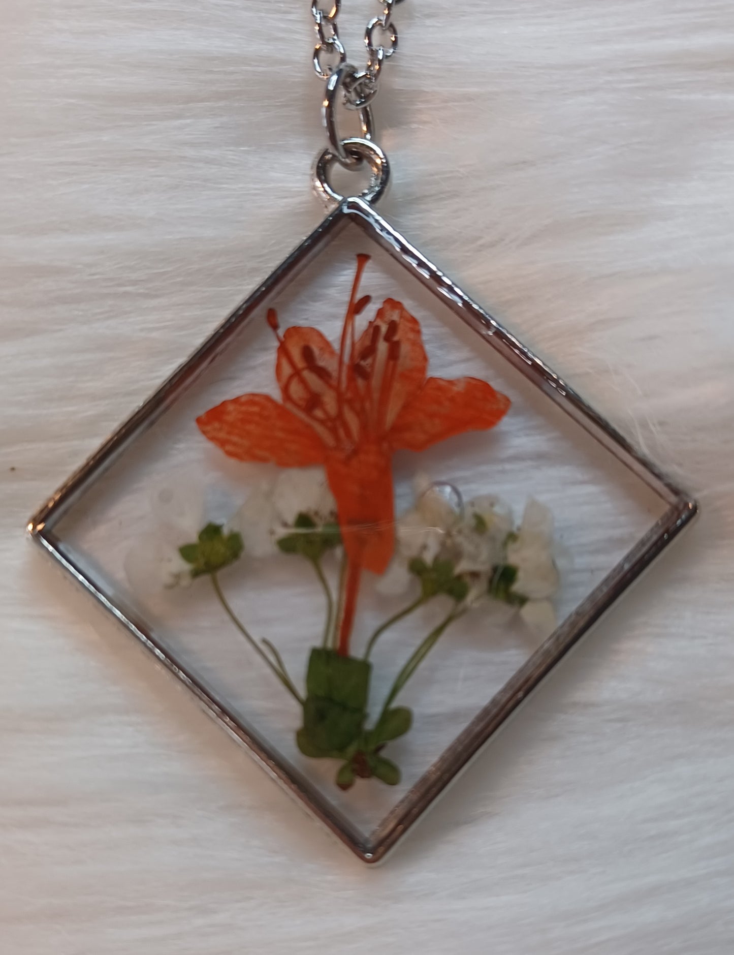Silver Necklace, Dried Orange and White Flowers in Resin