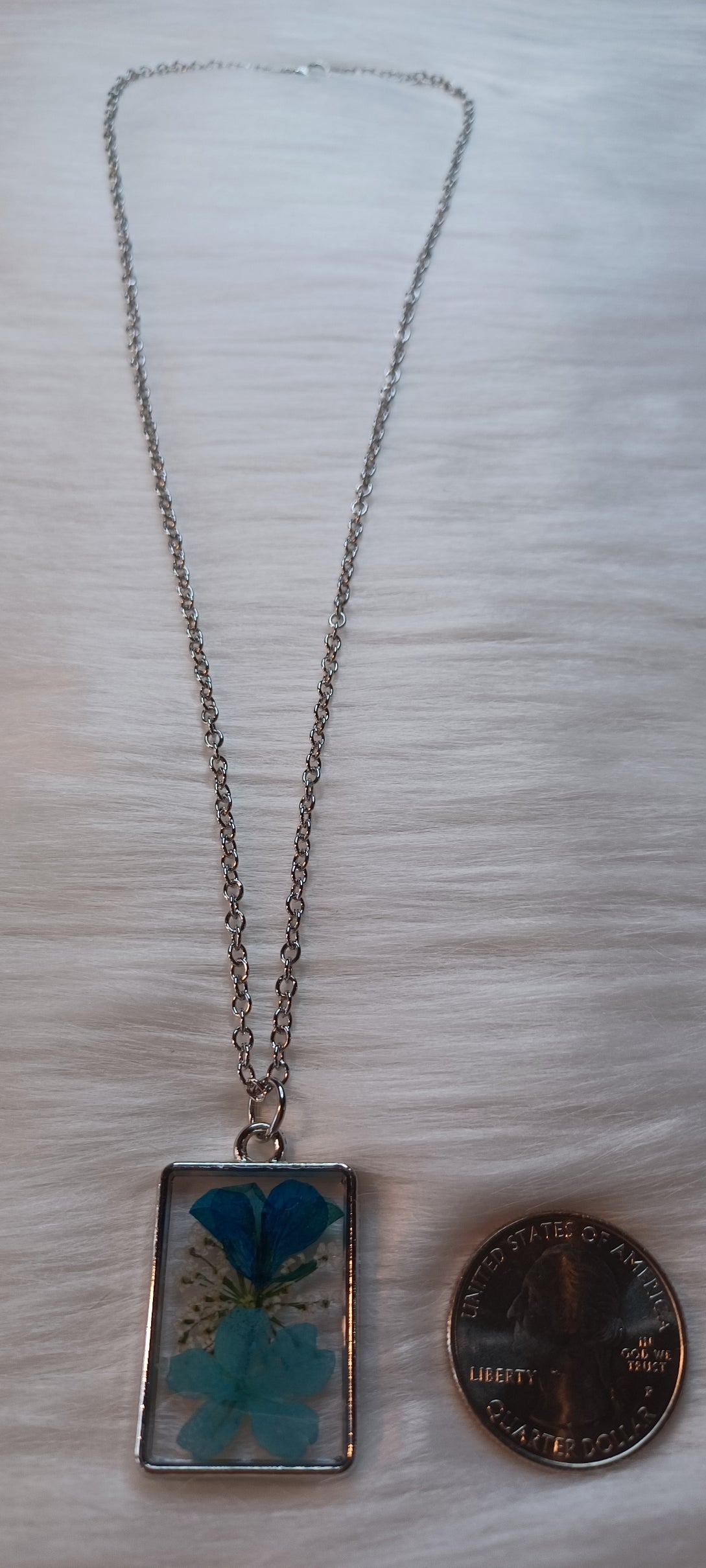 Silver Necklace, Dried Blue and White Flowers in Resin