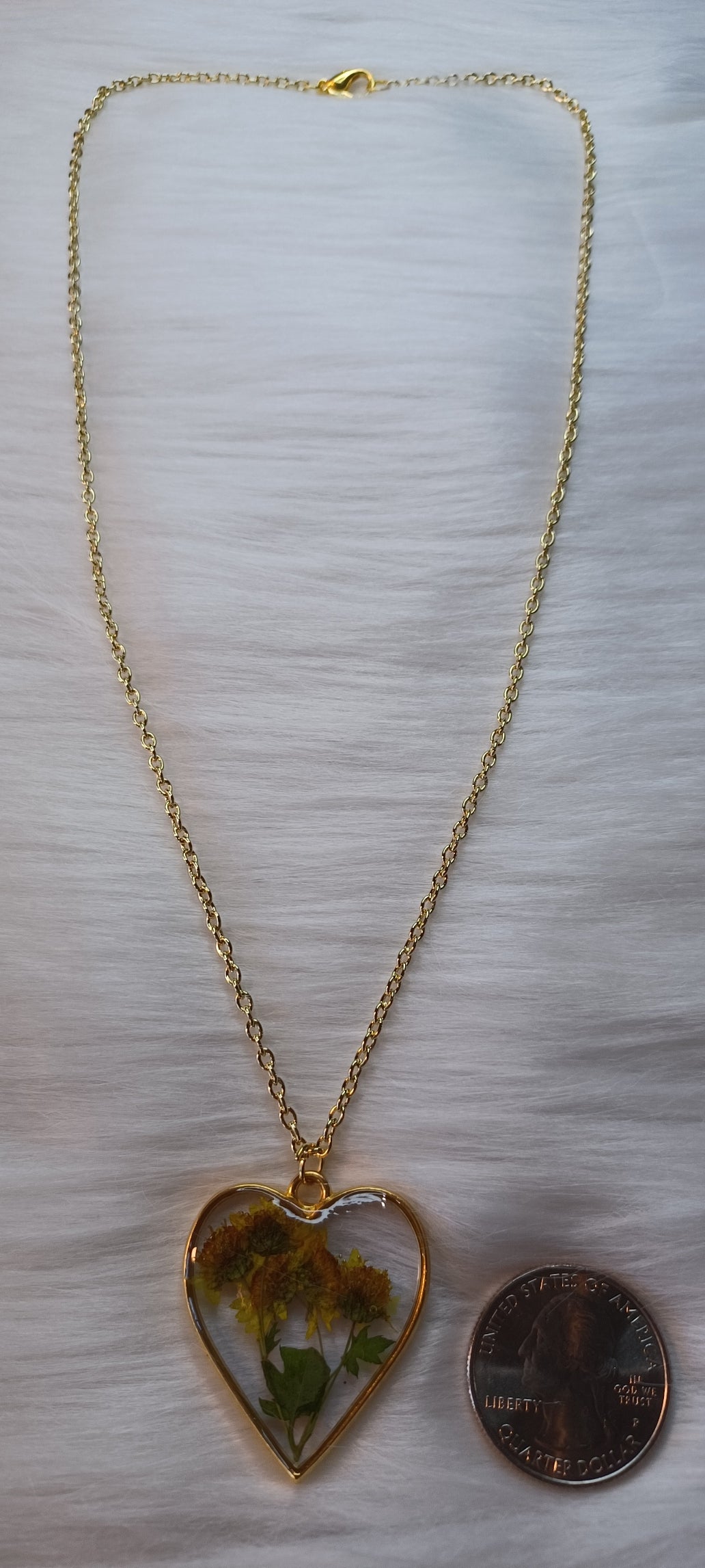 Necklace, Dried Yellow Flowers on Gold Chain