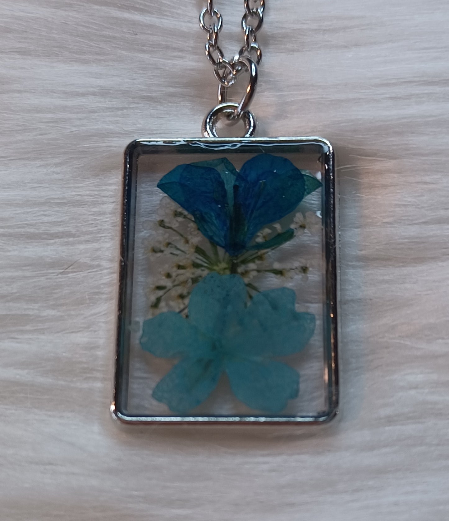 Silver Necklace, Dried Blue and White Flowers in Resin
