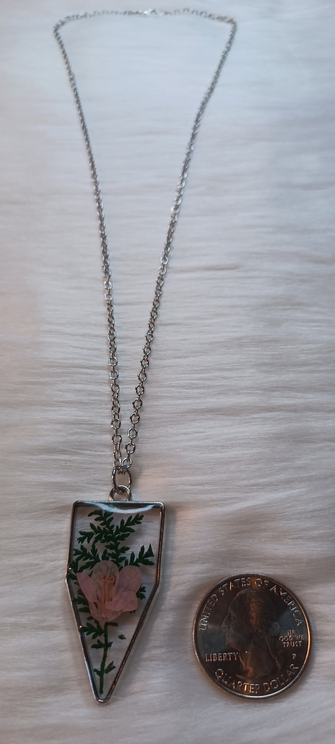 Silver Necklace, Dried Pink Flower w/ Greenery in Resin
