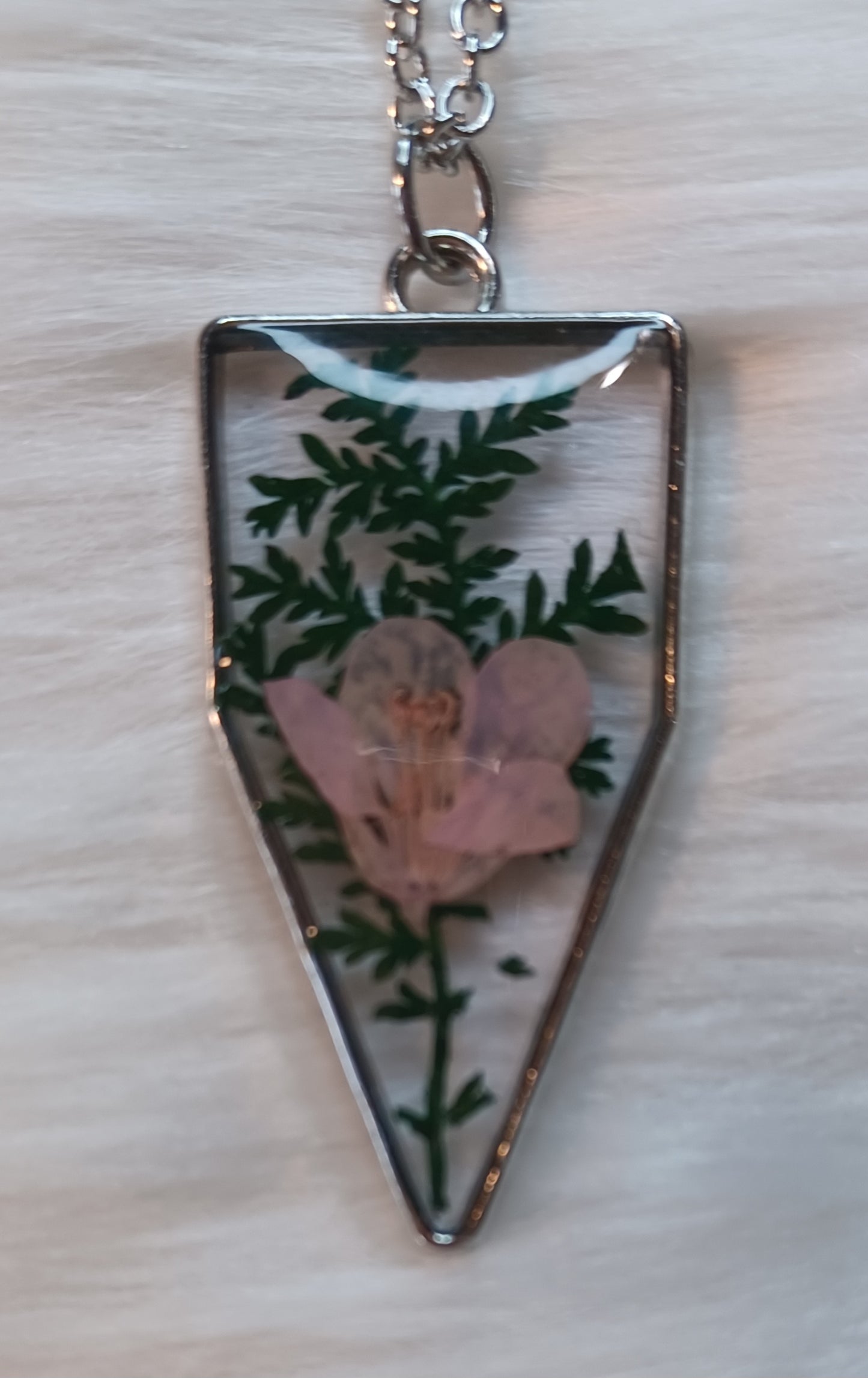 Silver Necklace, Dried Pink Flower w/ Greenery in Resin