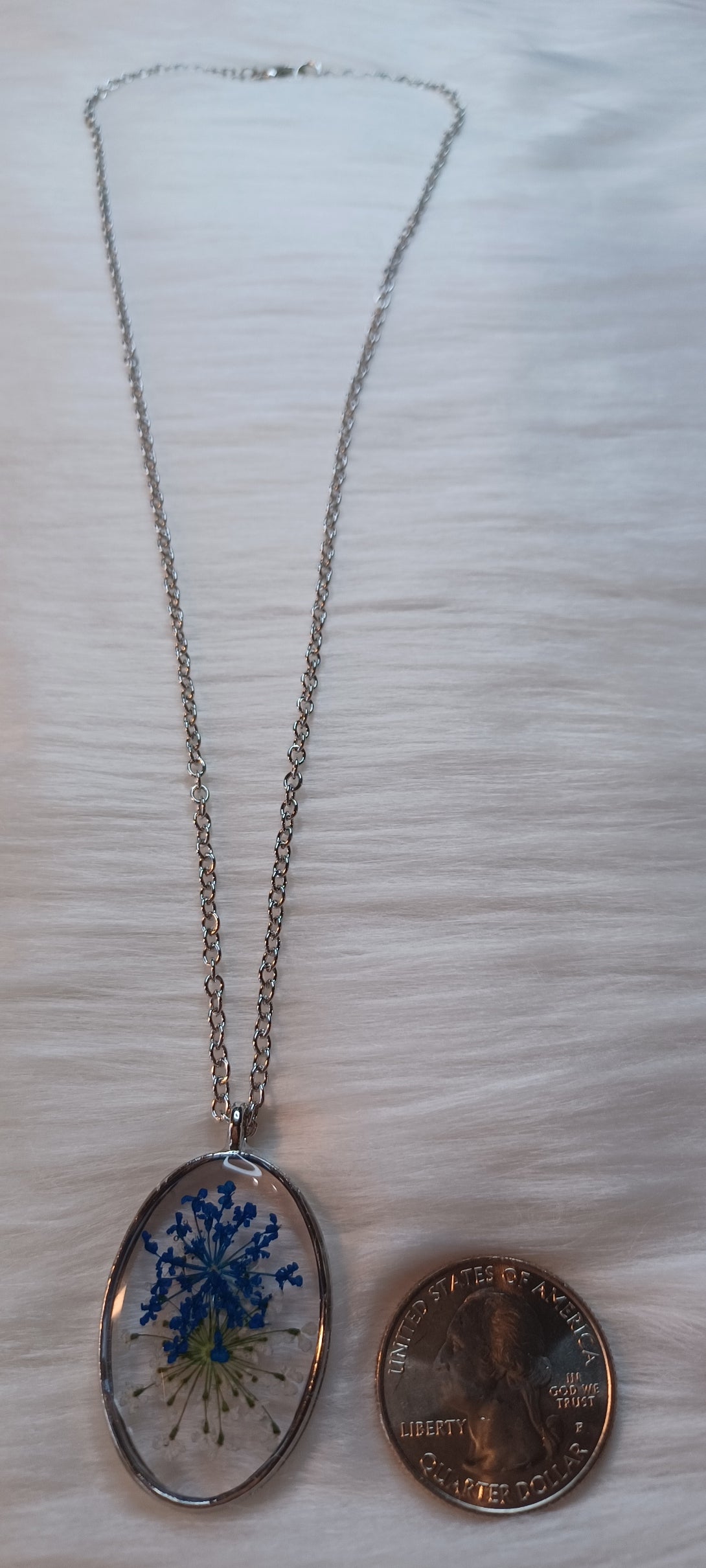 Silver Necklace, Dried Blue and White Flower in Resin