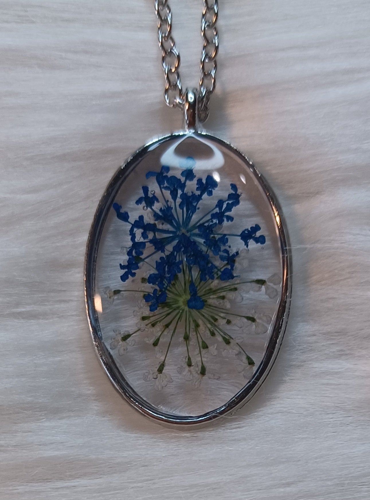 Silver Necklace, Dried Blue and White Flower in Resin