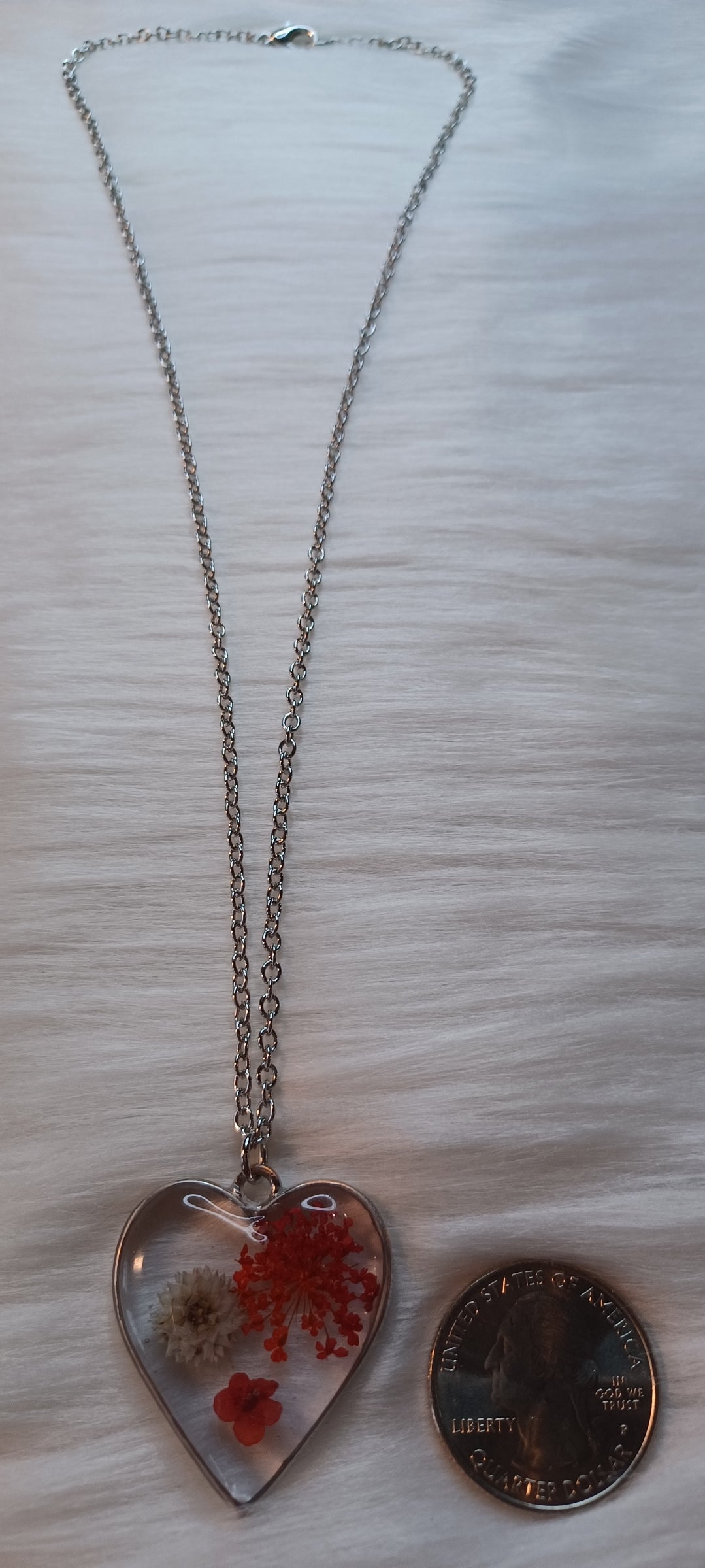 Silver Heart Necklace, Dried Red and White Flowers in Resin