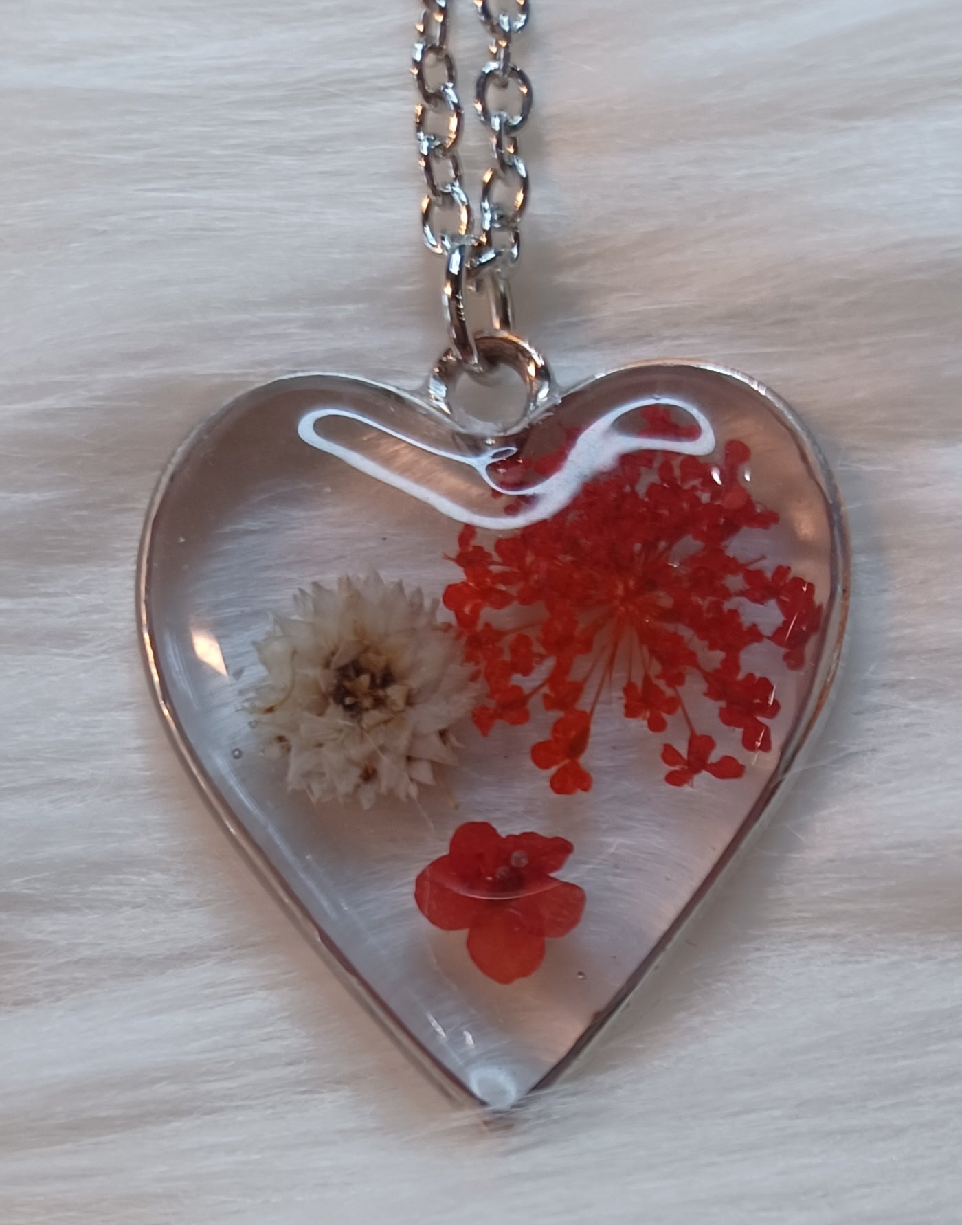 Silver Heart Necklace, Dried Red and White Flowers in Resin