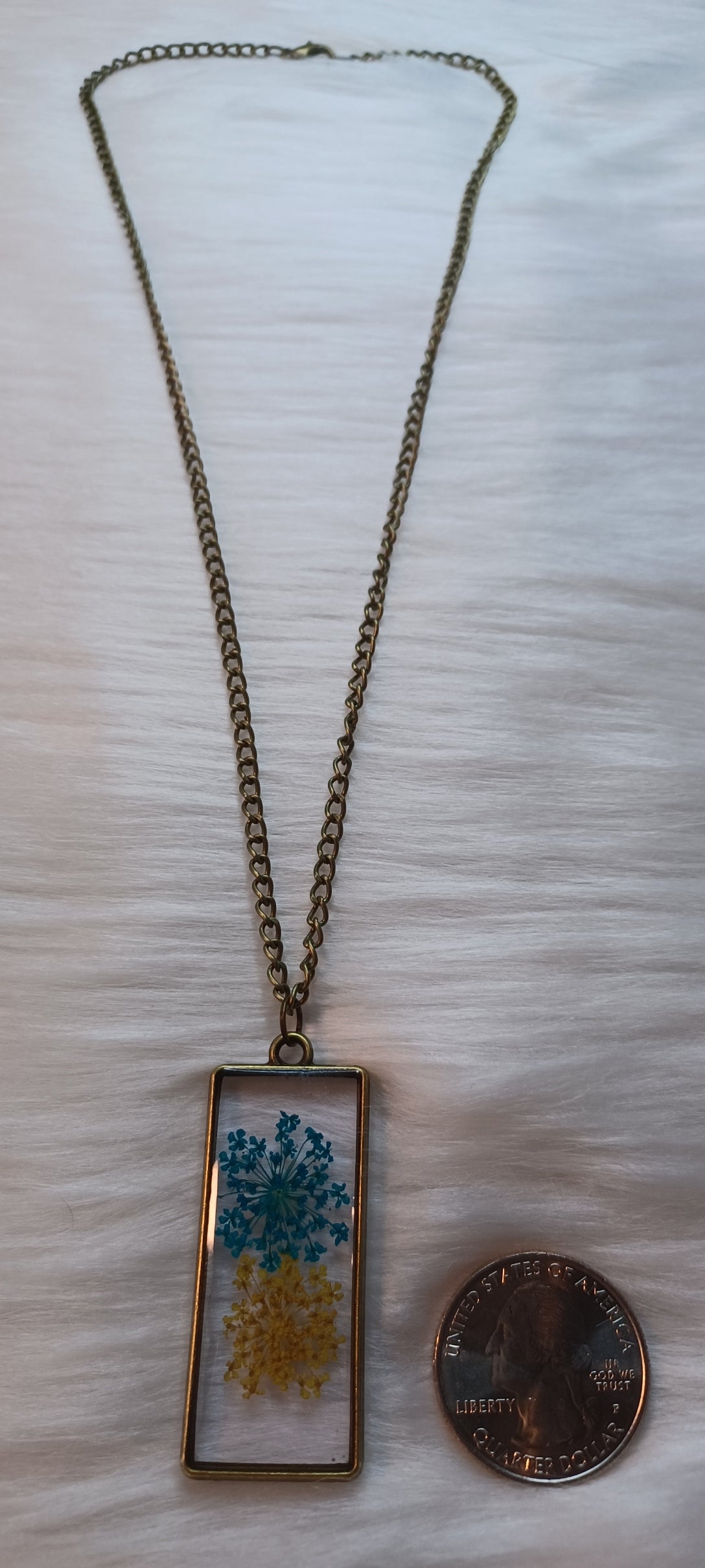 Bronze Necklace, Dried Blue and Yellow Flowers in Resin