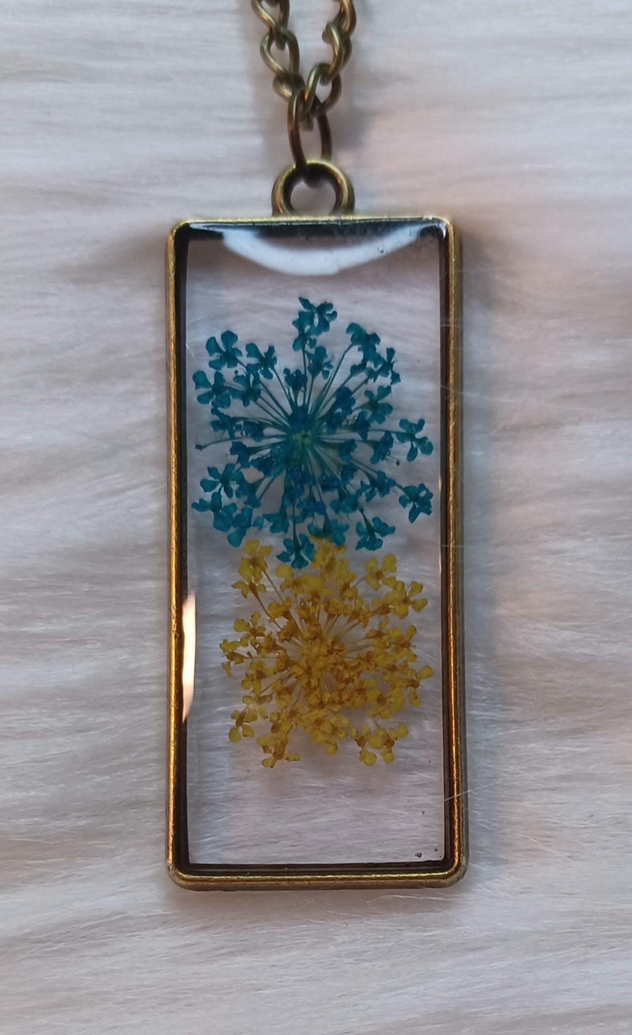 Bronze Necklace, Dried Blue and Yellow Flowers in Resin