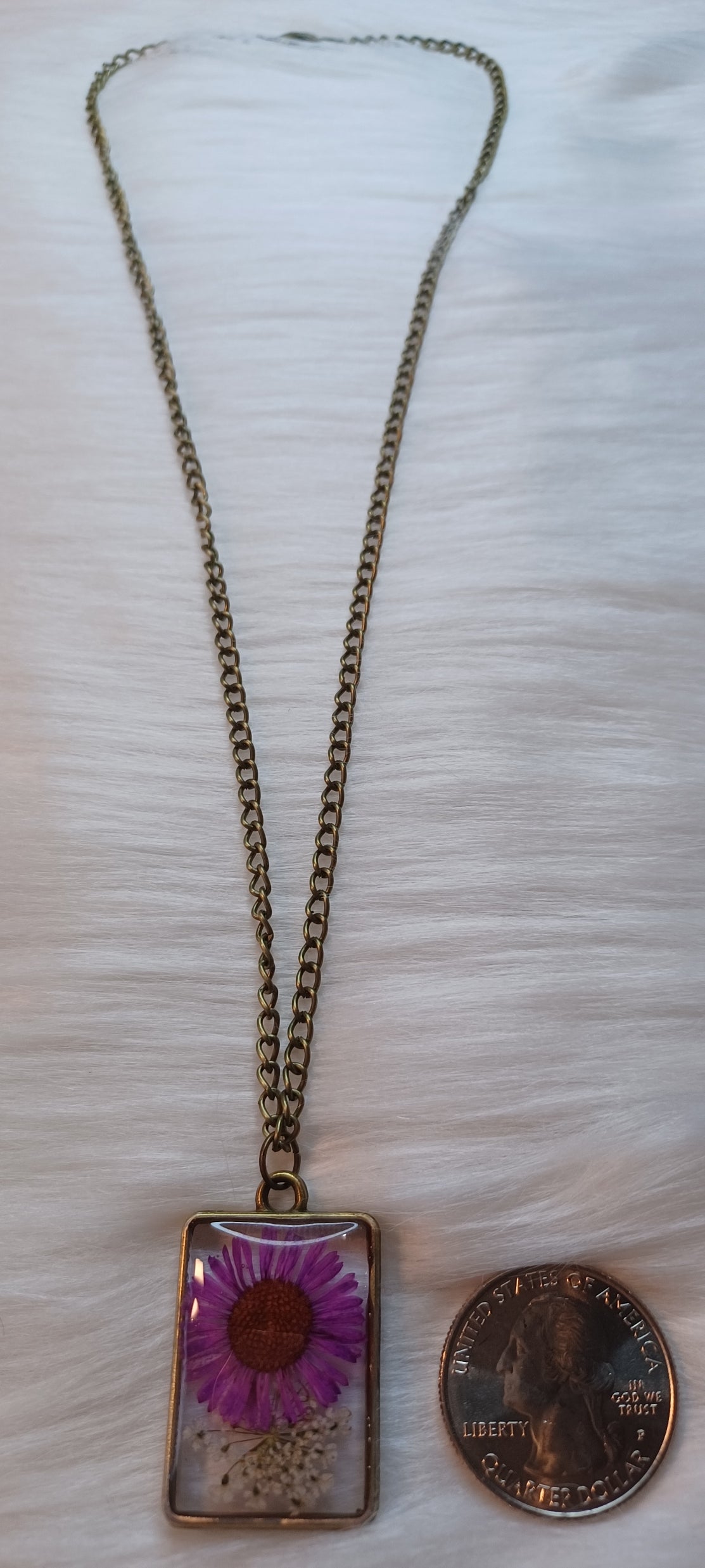 Bronze Necklace, Dried Pink and White Flowers in Resin