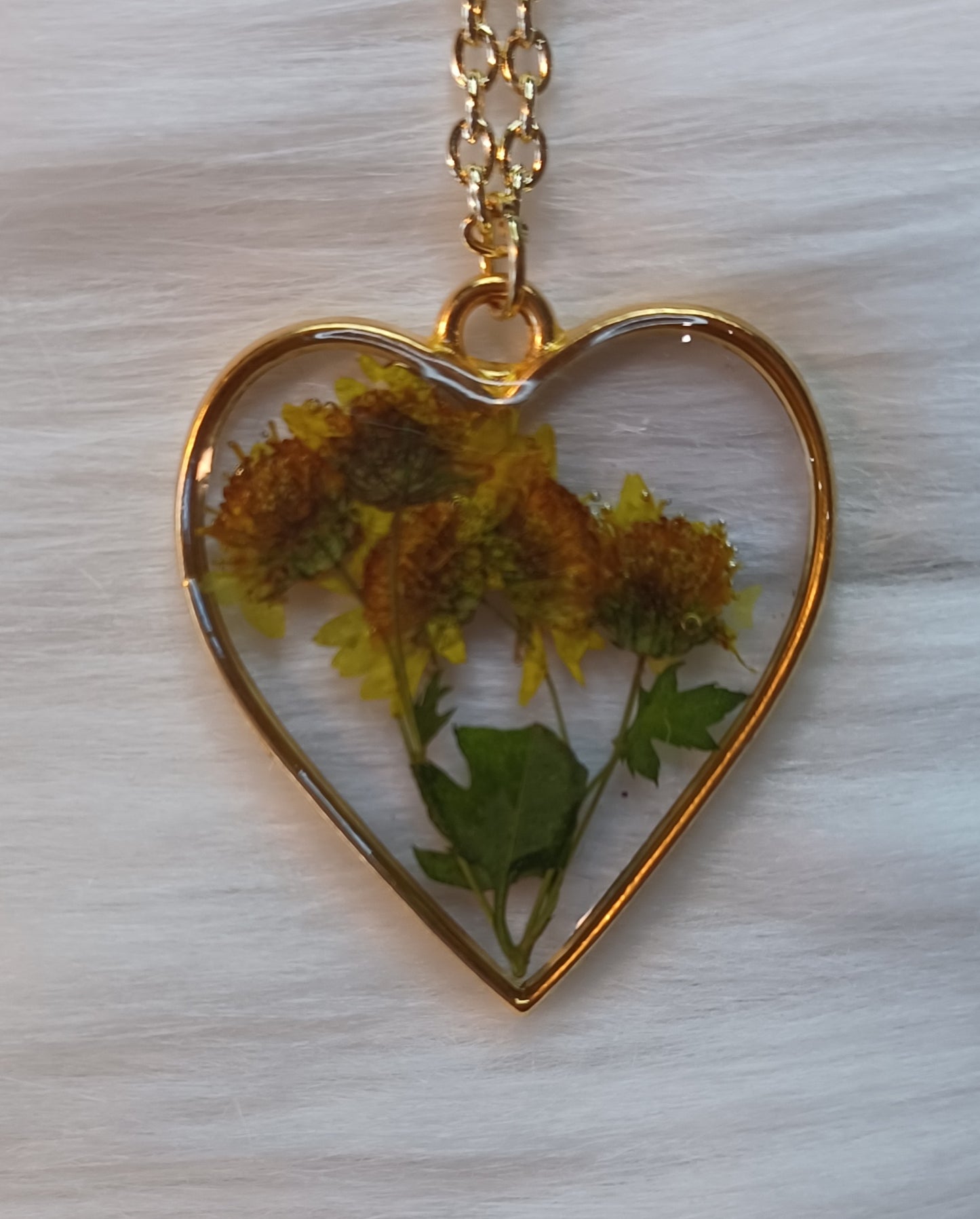 Necklace, Dried Yellow Flowers on Gold Chain