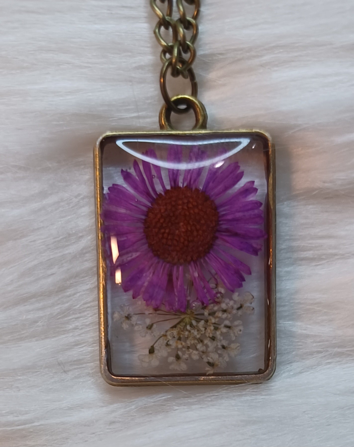 Bronze Necklace, Dried Pink and White Flowers in Resin