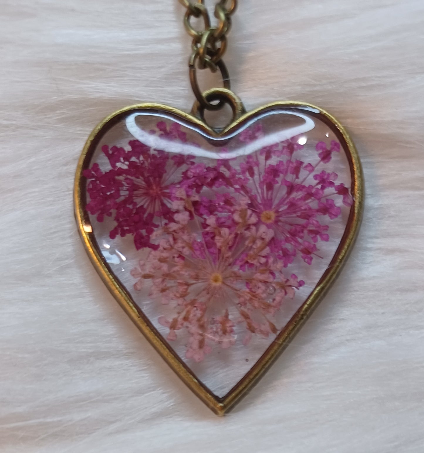 Bronze Heart Necklace, Dried Pink Flowers in Resin