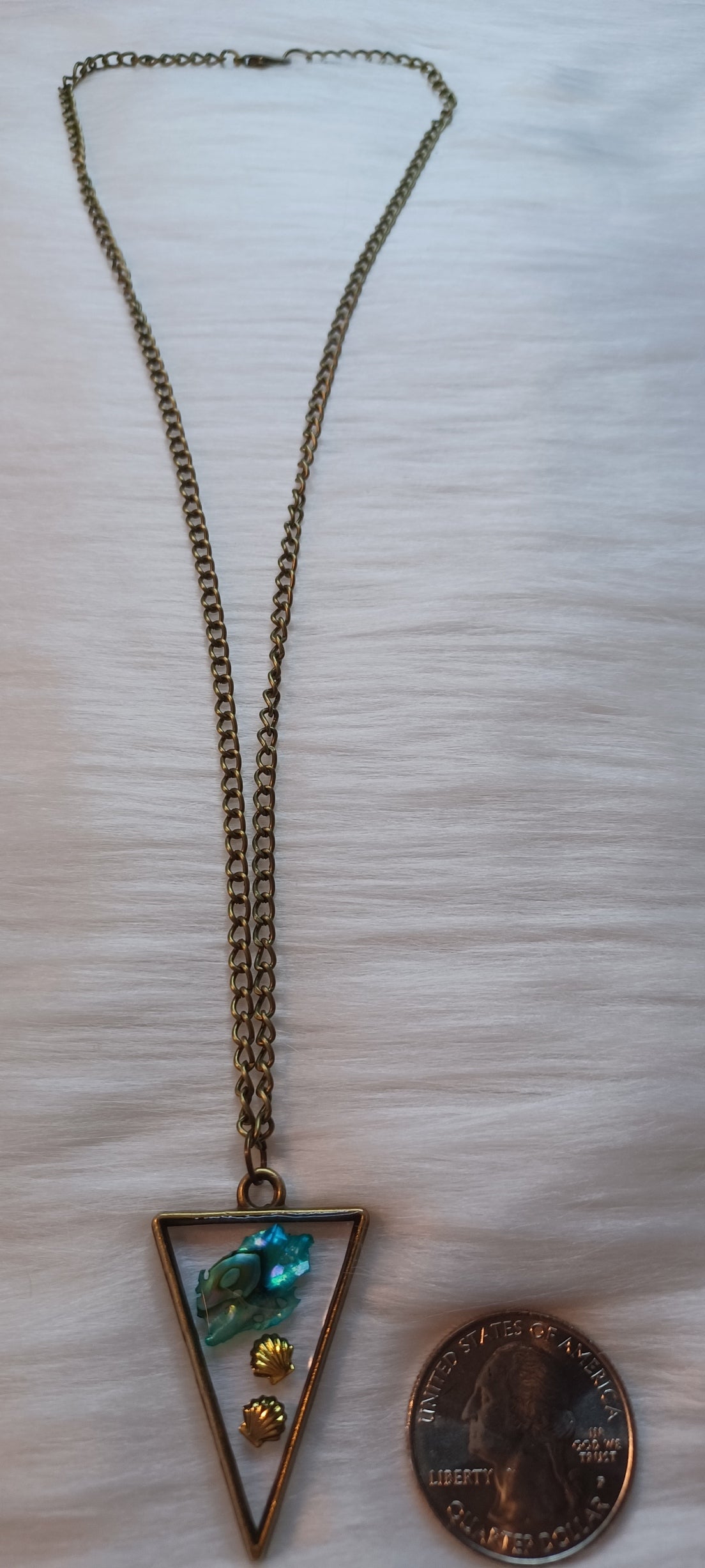 Bronze Heart Necklace, Gold Clam Shells in Resin