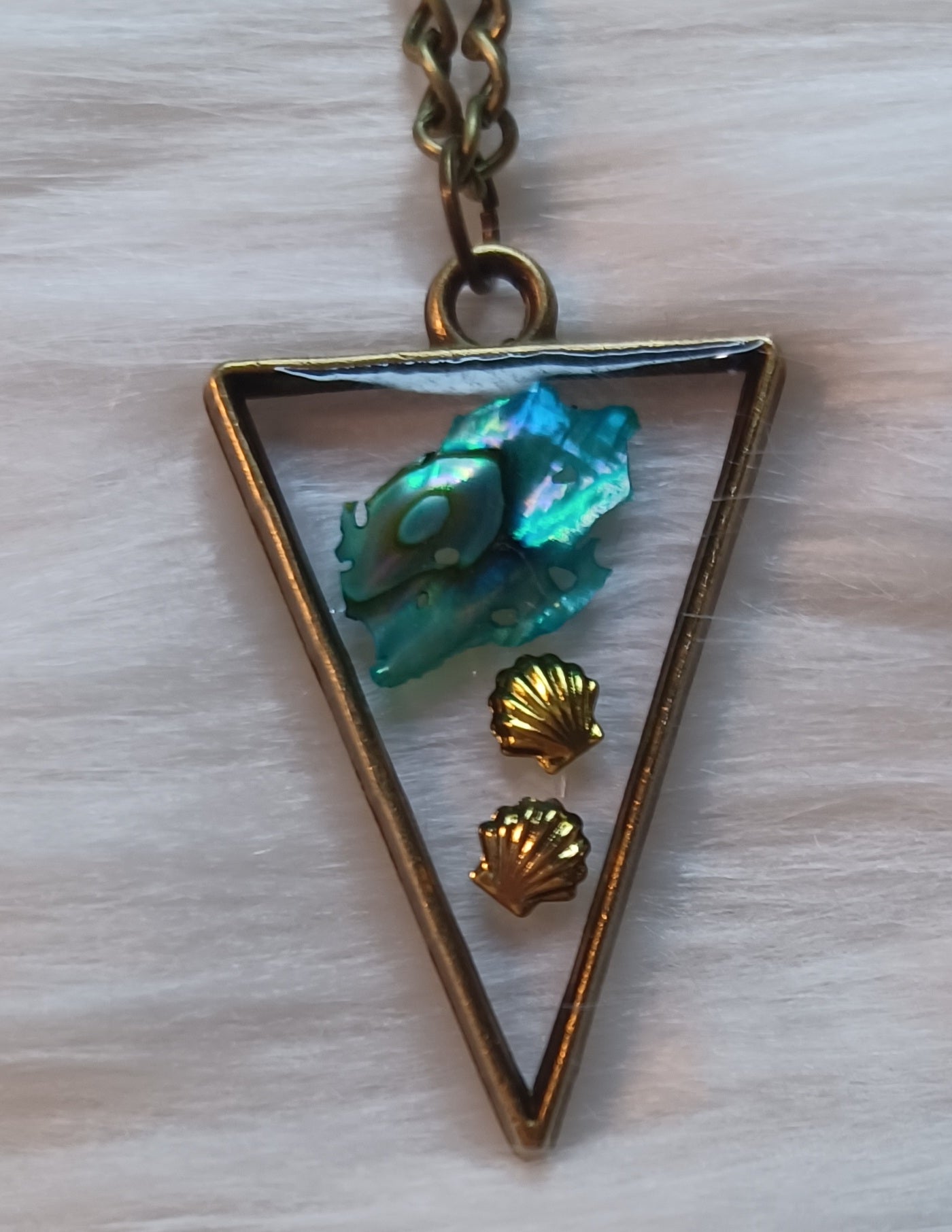 Bronze Heart Necklace, Gold Clam Shells in Resin