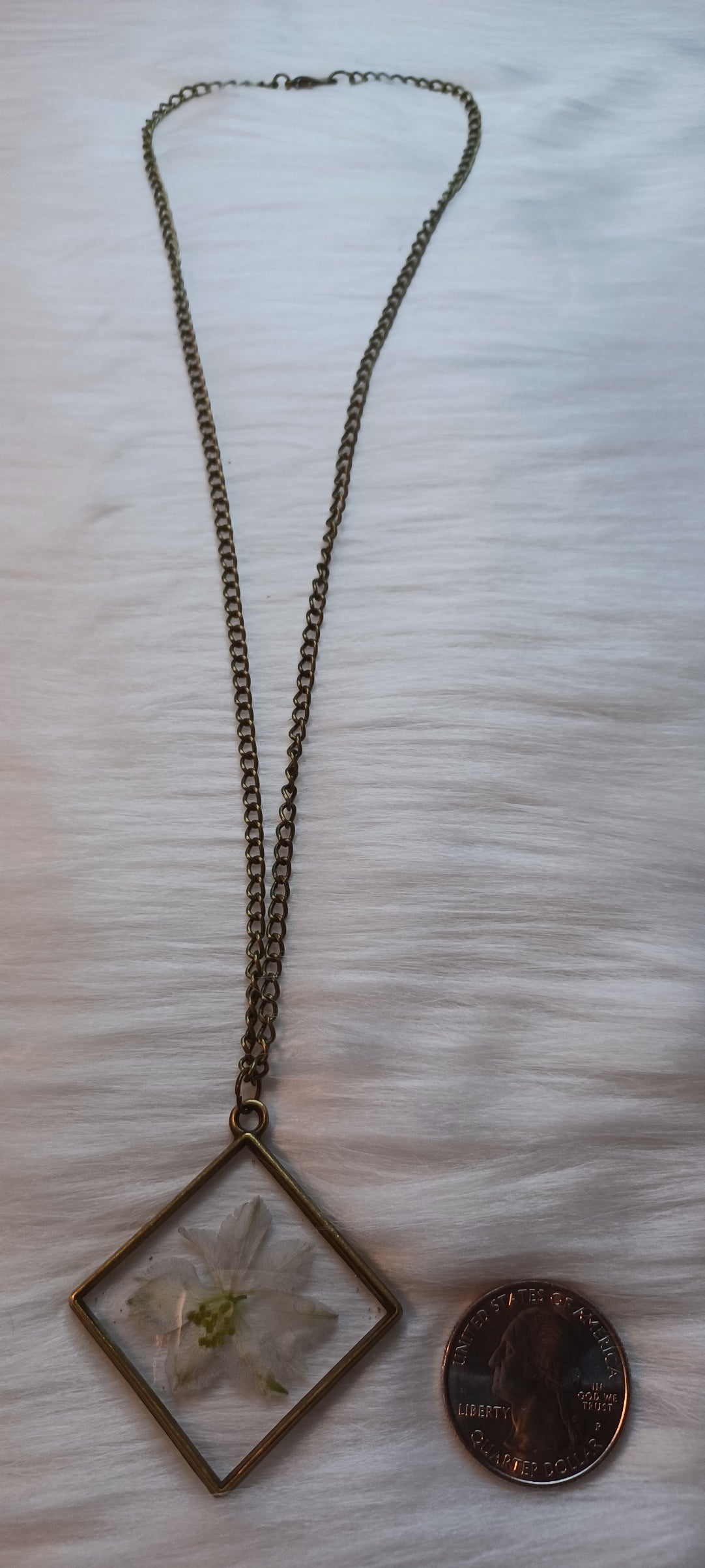 Bronze Necklace, Dried White Flower in Resin