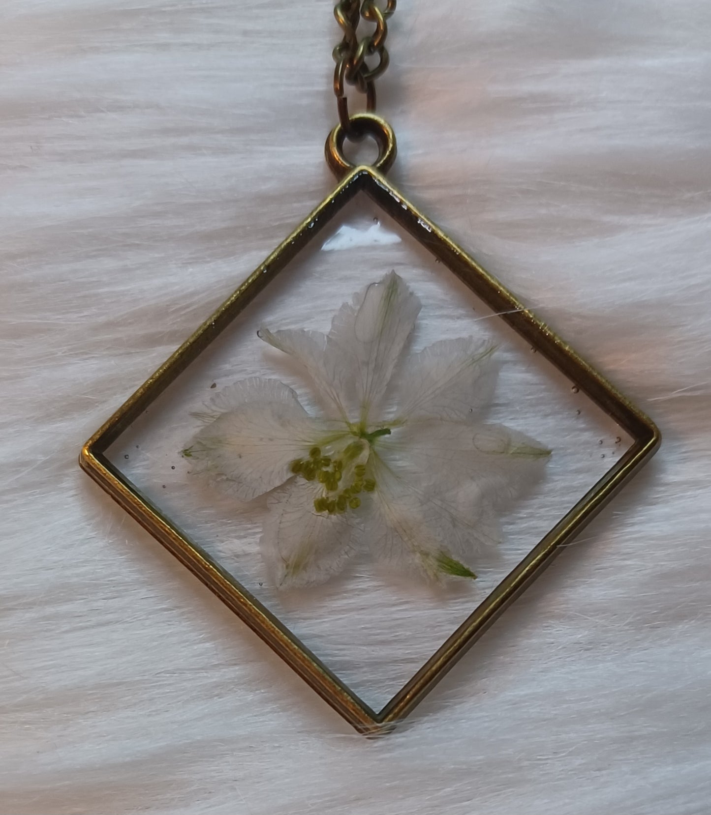 Bronze Necklace, Dried White Flower in Resin