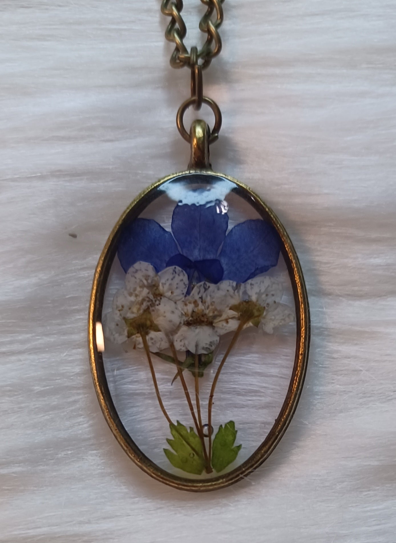 Bronze Necklace, Dried Purple and White Flowers in Resin