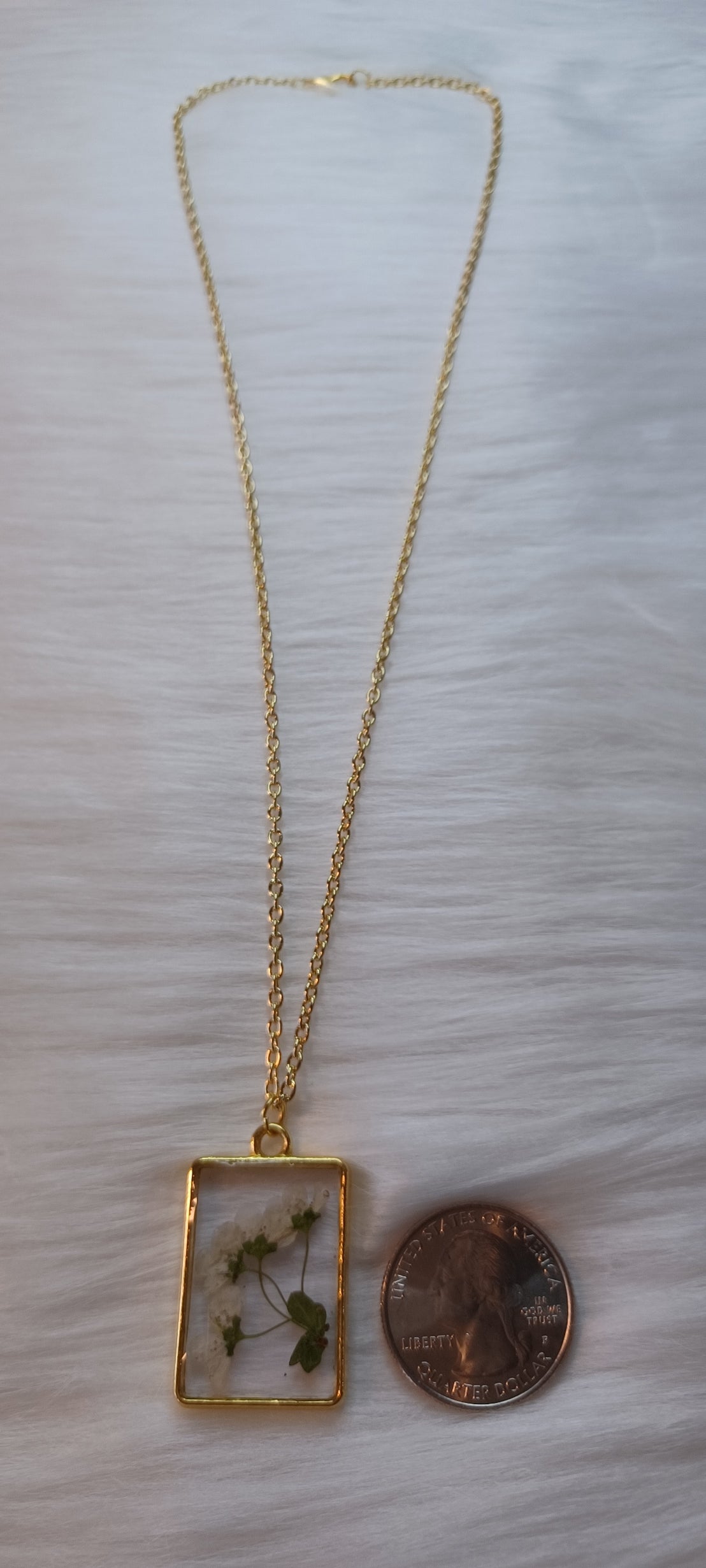 Gold Necklace, Dried White Flowers in Resin