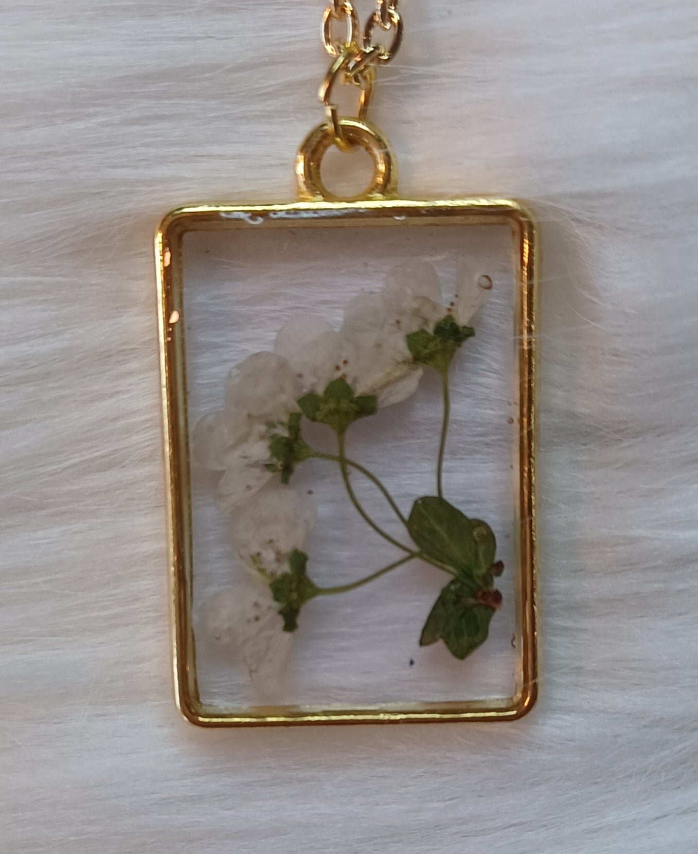 Gold Necklace, Dried White Flowers in Resin