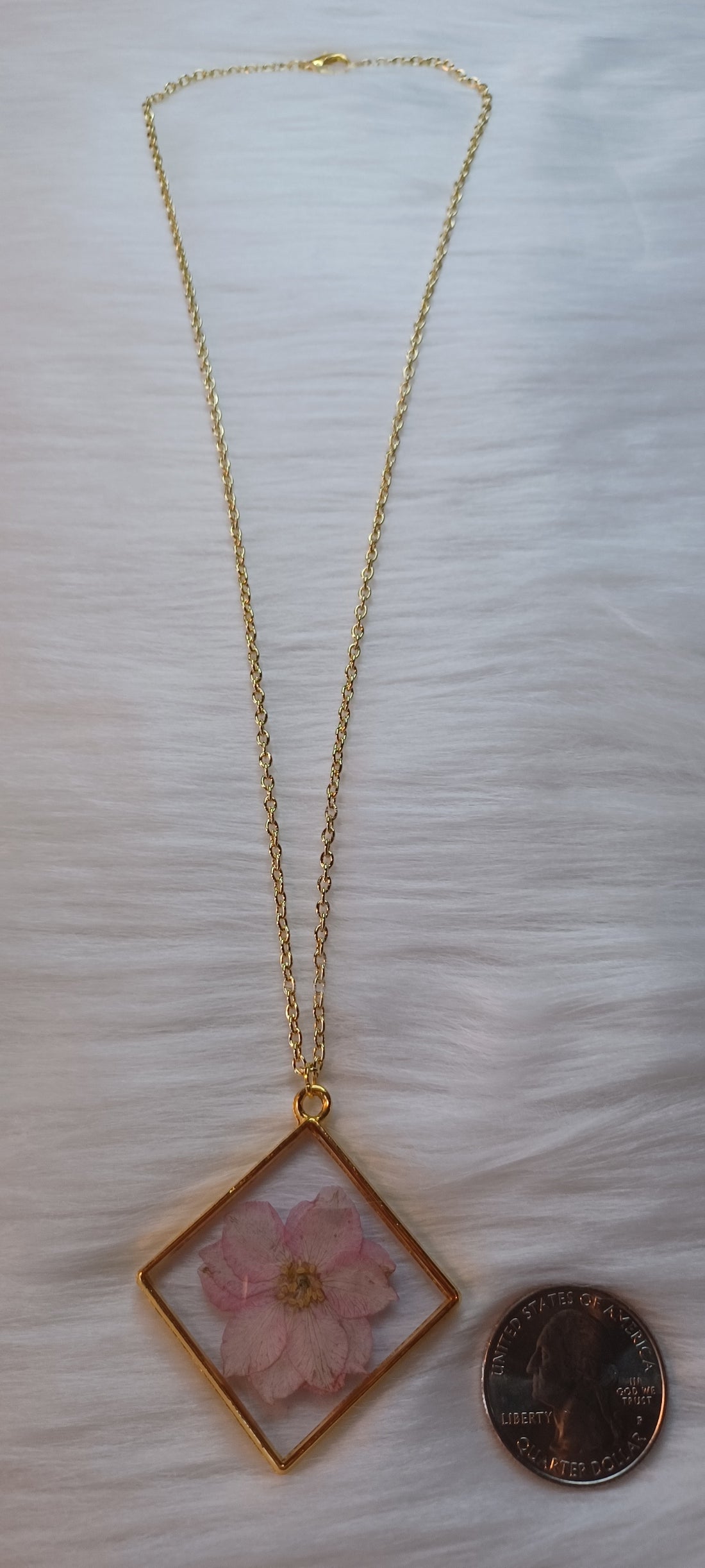 Gold Necklace, Dried Pink Flower in Resin