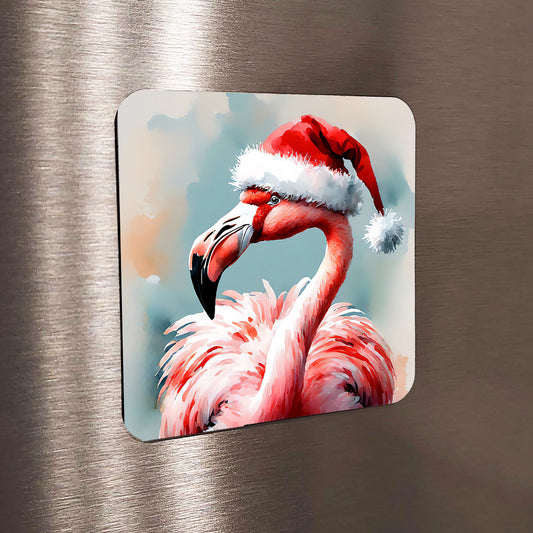 'Merry Flamingo' Watercolor Style Christmas Magnet