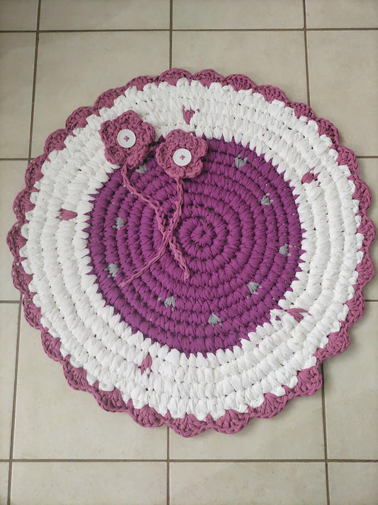 Round Crochet Rug Purple and White