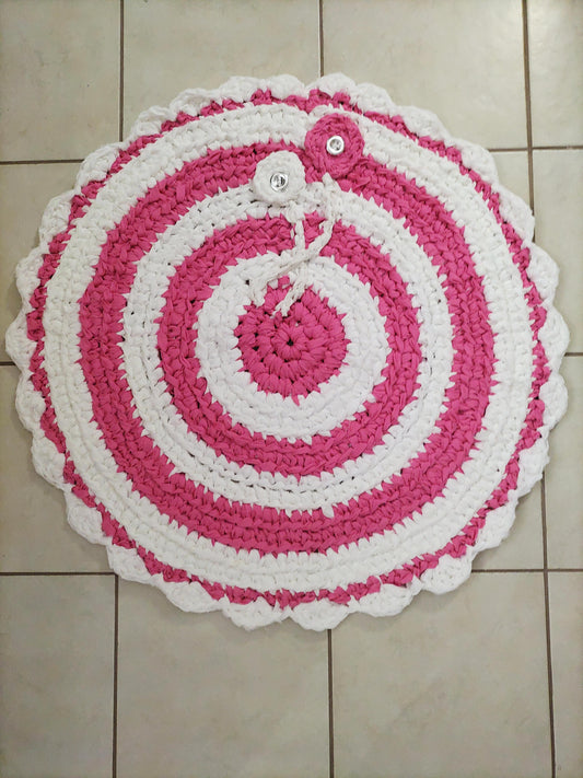 Round Crochet Rug Pink and White