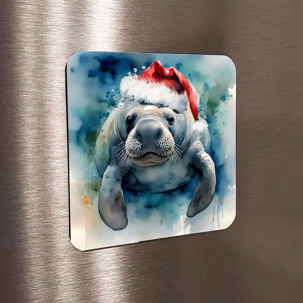 'Merry Manatee' Watercolor Style Christmas Magnet