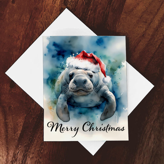 'Merry Manatee' Watercolor Style Christmas Greeting Card