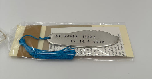 Knife Bookmark - My Happy Place is in a Book with Blue Tassel