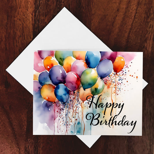 'Balloons & Streamers' Watercolor Style Birthday Greeting Card